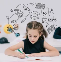 Schoolgirl writing in an exercise book with education-themed illustrations
